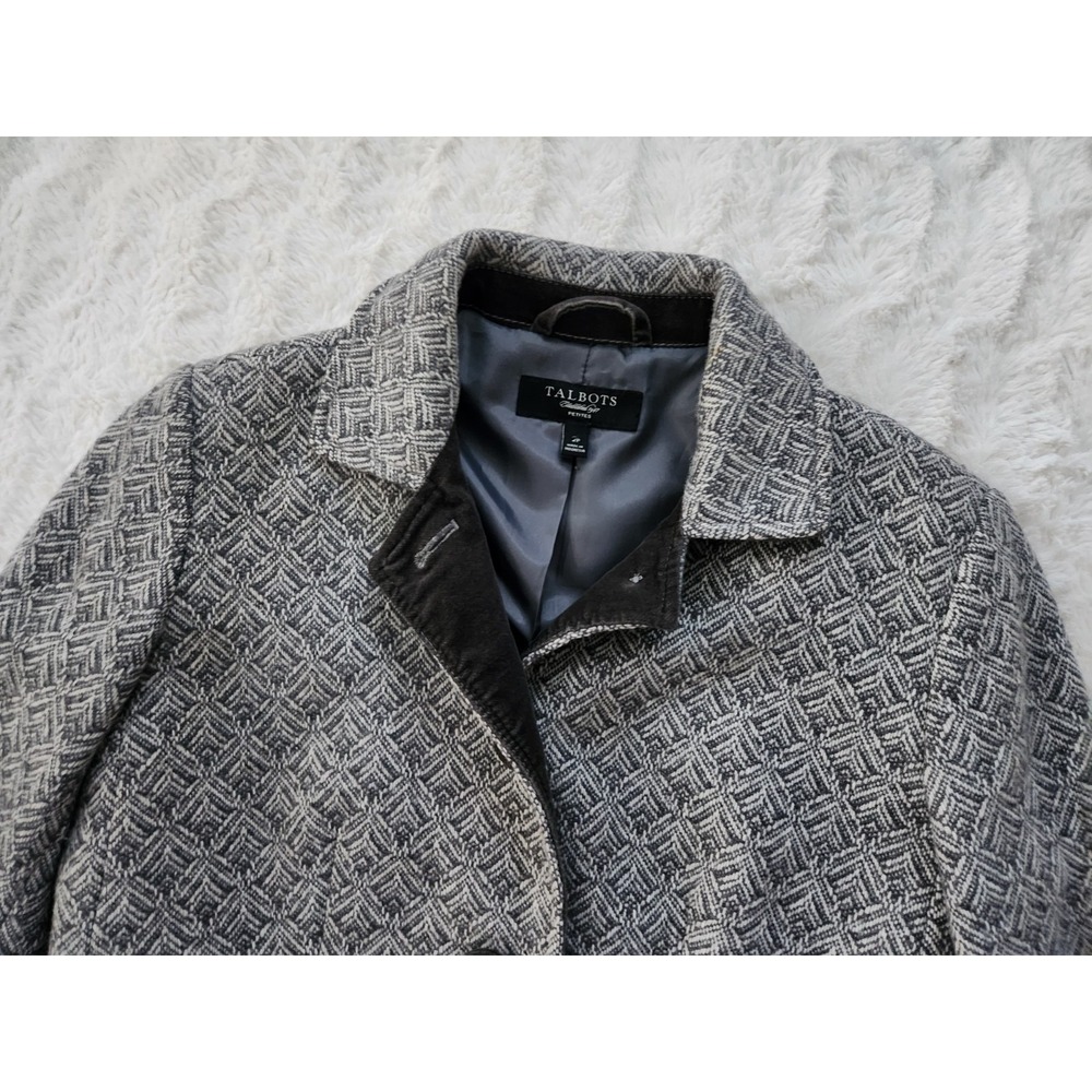 Talbots Button Front Wool Blend Woven Blazer Jacket Size 2P Petite Gray White